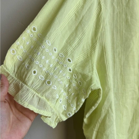 Lucky Brand Eyelet Sleeve Boho Peasant Blouse XL Lime Cotton Cottagecore - Picture 2 of 6